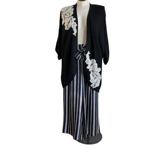 Chico's Size 3 Black Cardigan Sweater w Lace Applique, and, Stripe Wide Leg Pant